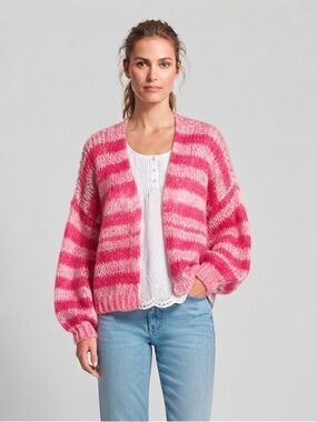 Reserved Women's Pink White Striped Open Front Chunky Knit Cardigan Size S